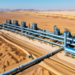 An expansive, high-angle shot showcasing Turkmenistan's immense natural gas wealth. Modern gas extraction rigs and processing plants are prominently featured, with pipelines extending across a vast, golden desert landscape under a clear, bright sky. The image should convey scale, technological advancement, and the rich potential of the energy sector.