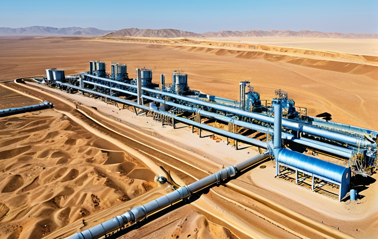 An expansive, high-angle shot showcasing Turkmenistan's immense natural gas wealth. Modern gas extraction rigs and processing plants are prominently featured, with pipelines extending across a vast, golden desert landscape under a clear, bright sky. The image should convey scale, technological advancement, and the rich potential of the energy sector.