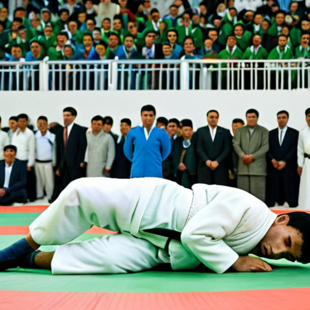 Kurash Competition**

"A Kurash competition in Turkmenistan, fully clothed athletes in traditional coats grappling on a mat, a crowd watching in the background, appropriate attire, safe for work, perfect anatomy, natural proportions, professional sports photography, high quality, modest."

**