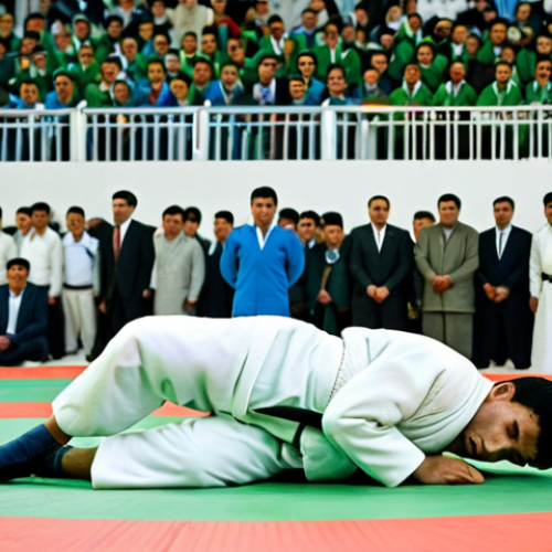 Kurash Competition**

"A Kurash competition in Turkmenistan, fully clothed athletes in traditional coats grappling on a mat, a crowd watching in the background, appropriate attire, safe for work, perfect anatomy, natural proportions, professional sports photography, high quality, modest."

**