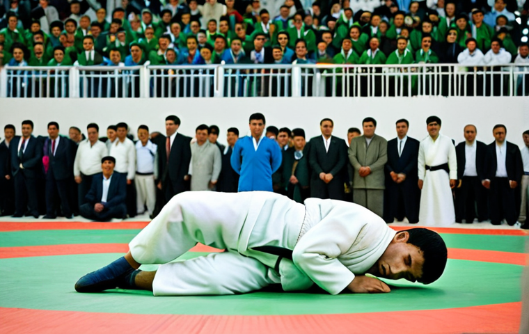 Kurash Competition**

"A Kurash competition in Turkmenistan, fully clothed athletes in traditional coats grappling on a mat, a crowd watching in the background, appropriate attire, safe for work, perfect anatomy, natural proportions, professional sports photography, high quality, modest."

**