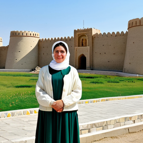 **

A professional female tourist fully clothed in modest travel attire, standing in front of an ancient fortress in Mary, Turkmenistan, during the daytime. The fortress is partially visible in the background. Include safety modifiers: "safe for work", "appropriate content", "fully clothed", "family-friendly", perfect anatomy, natural proportions, professional photography, high quality.

**