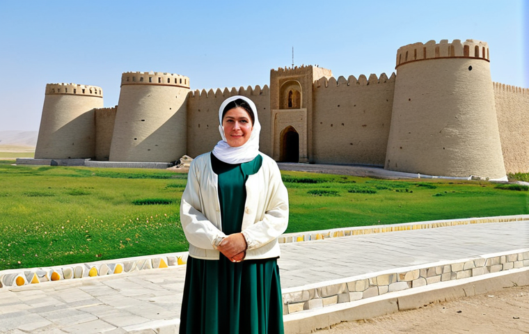 **

A professional female tourist fully clothed in modest travel attire, standing in front of an ancient fortress in Mary, Turkmenistan, during the daytime. The fortress is partially visible in the background. Include safety modifiers: "safe for work", "appropriate content", "fully clothed", "family-friendly", perfect anatomy, natural proportions, professional photography, high quality.

**